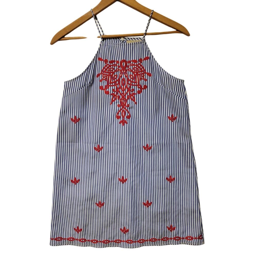 Polagram Blue and White Striped Mini Dress with Red Embroidery
